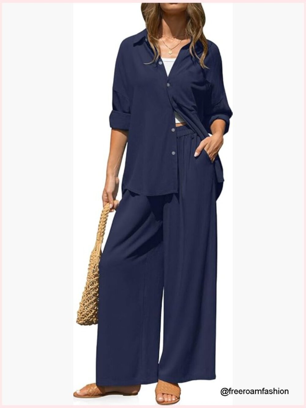 Women's Linen 2 Piece Set - Button Down Shirt & Wide Leg Pants Lounge Set